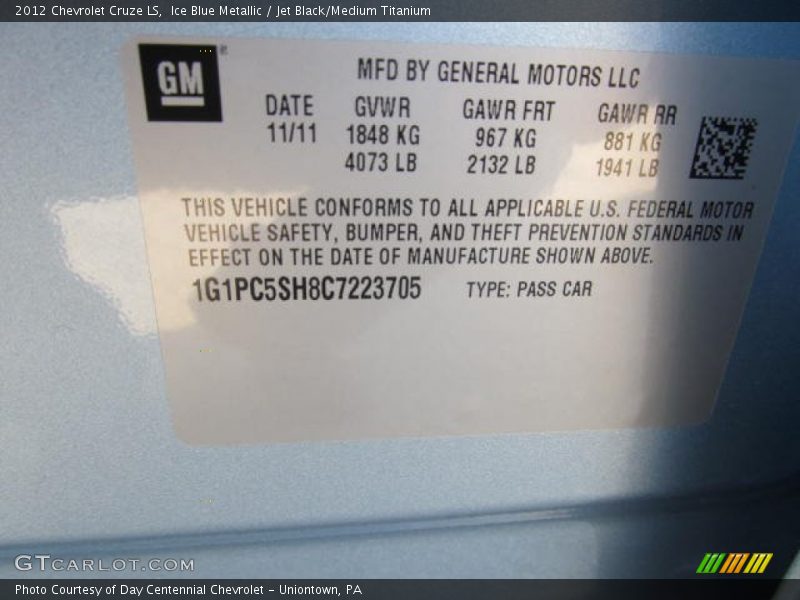 Ice Blue Metallic / Jet Black/Medium Titanium 2012 Chevrolet Cruze LS