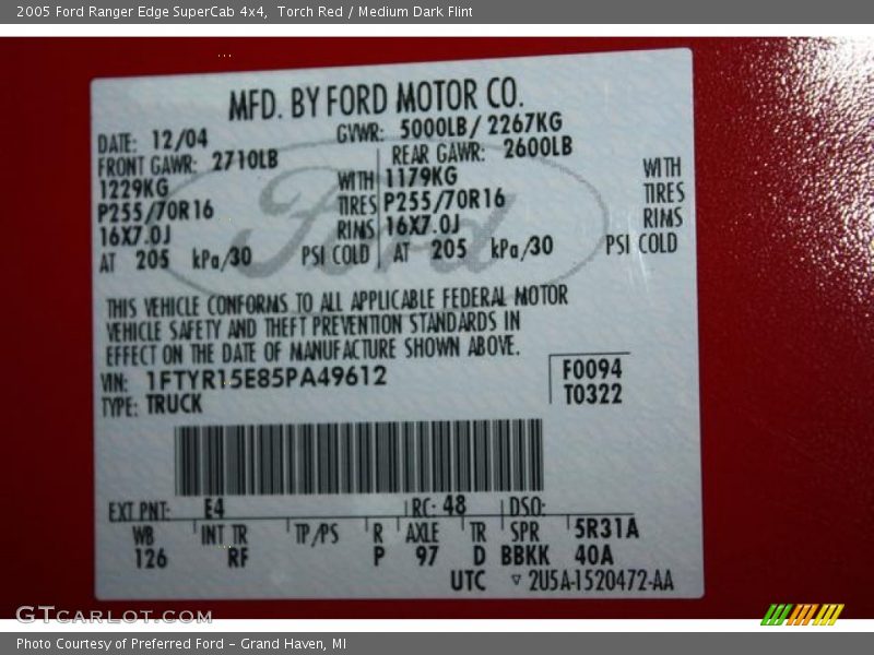 2005 Ranger Edge SuperCab 4x4 Torch Red Color Code E4