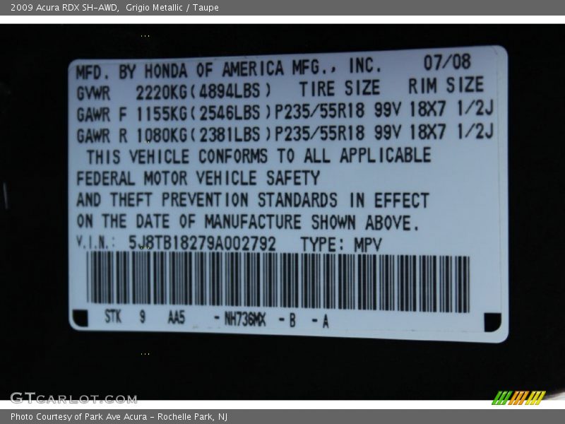 2009 RDX SH-AWD Grigio Metallic Color Code NH736MX