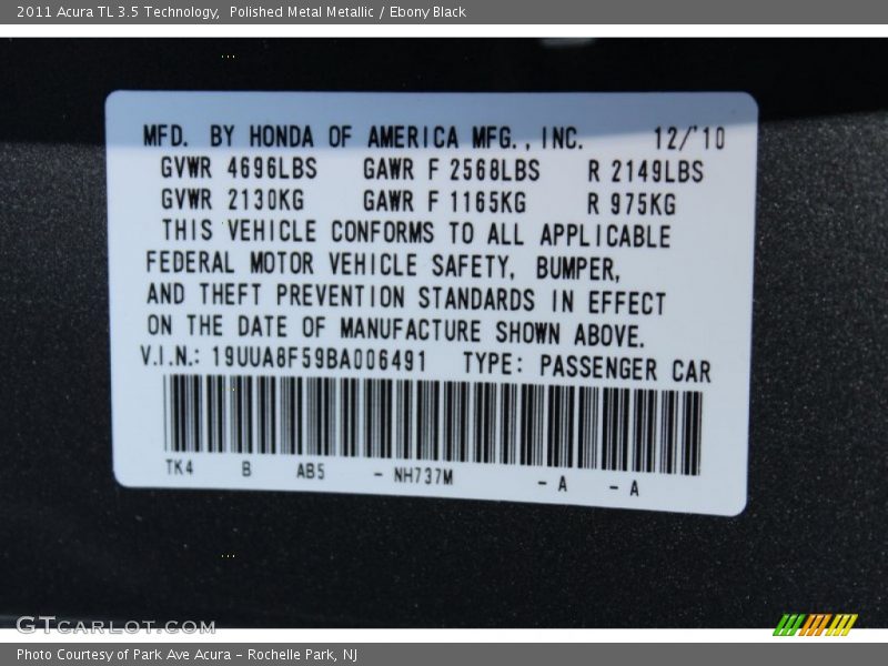 2011 TL 3.5 Technology Polished Metal Metallic Color Code NH737