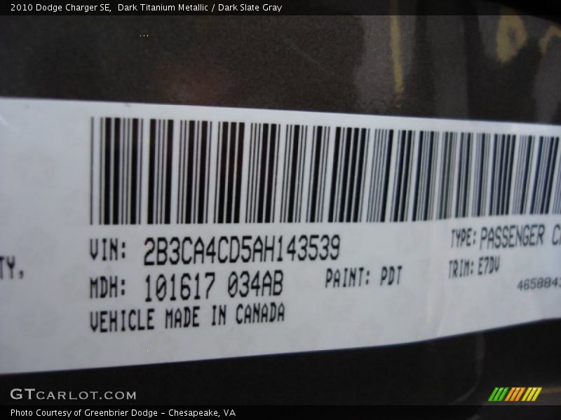 Dark Titanium Metallic / Dark Slate Gray 2010 Dodge Charger SE