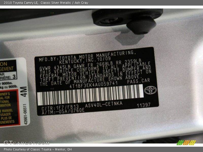 Classic Silver Metallic / Ash Gray 2010 Toyota Camry LE