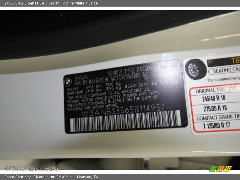 Alpine White / Beige 2005 BMW 5 Series 545i Sedan