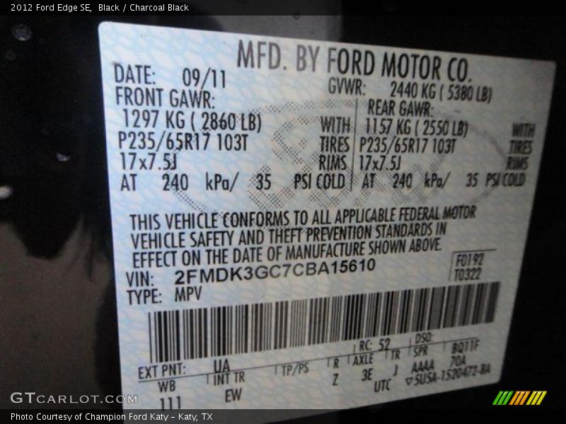 2012 Edge SE Black Color Code UA