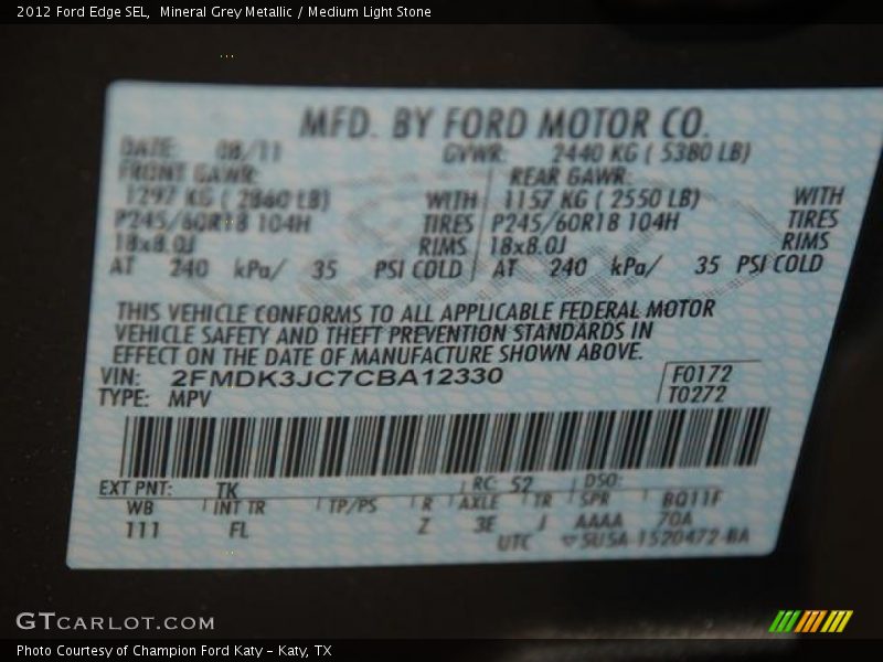 2012 Edge SEL Mineral Grey Metallic Color Code TK
