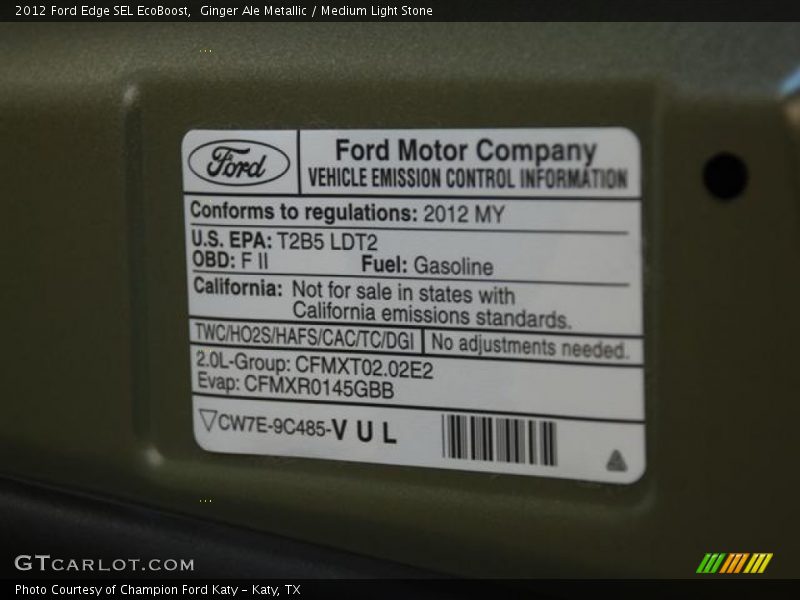 Emission Control Information - 2012 Ford Edge SEL EcoBoost