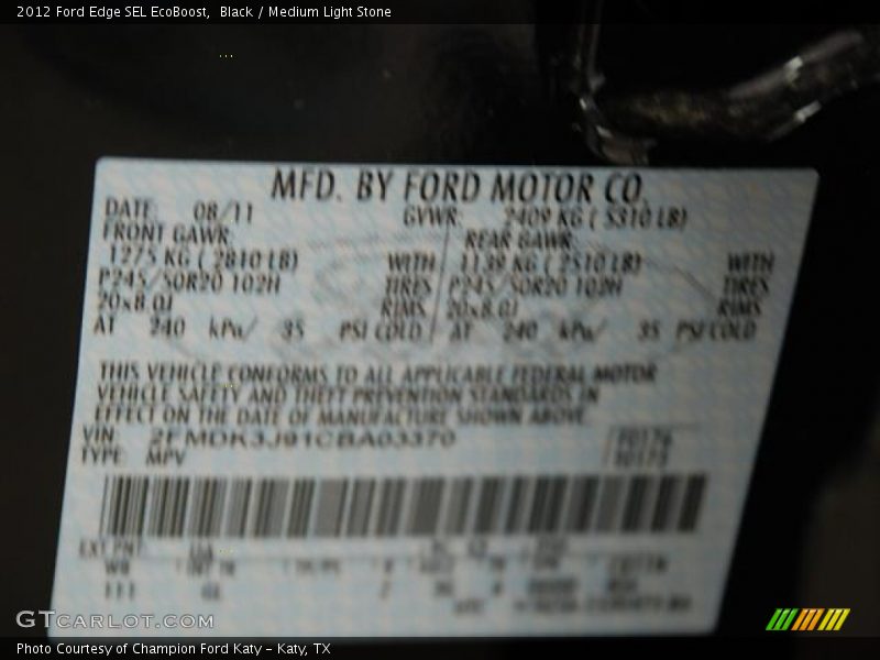Black / Medium Light Stone 2012 Ford Edge SEL EcoBoost