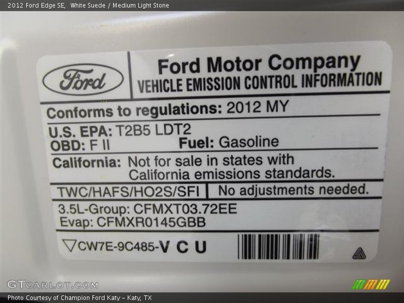 Emission Control Information - 2012 Ford Edge SE