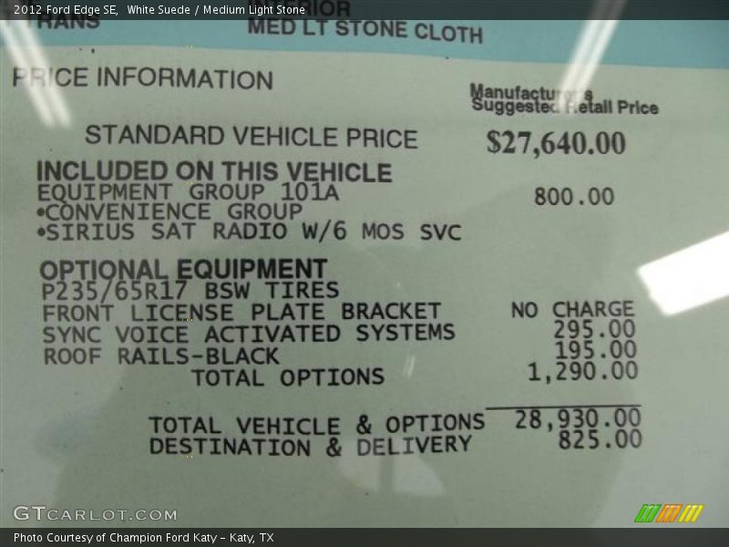 White Suede / Medium Light Stone 2012 Ford Edge SE