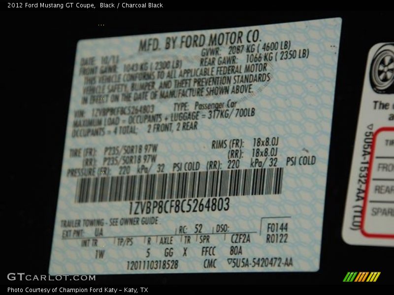 Black / Charcoal Black 2012 Ford Mustang GT Coupe
