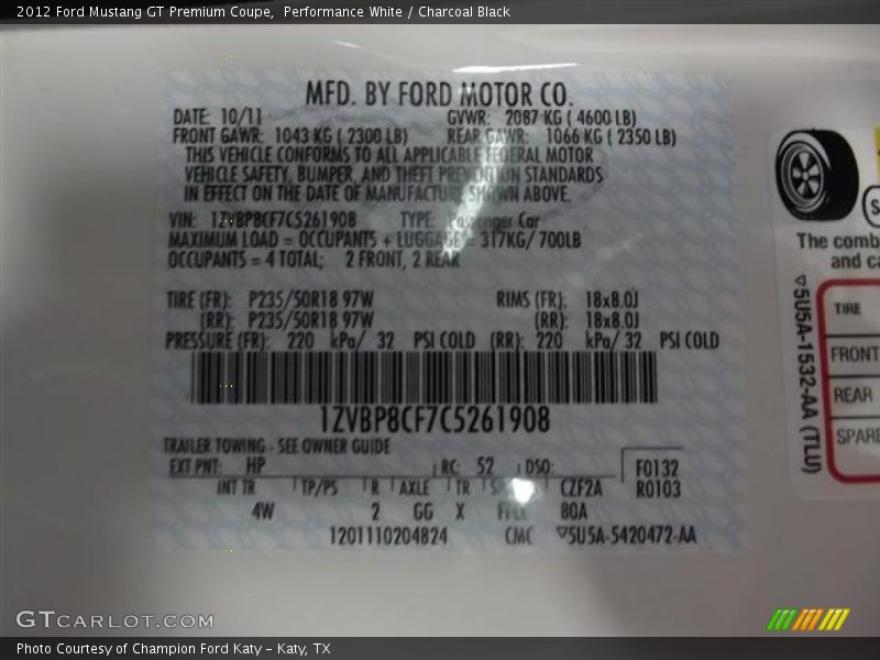 Performance White / Charcoal Black 2012 Ford Mustang GT Premium Coupe