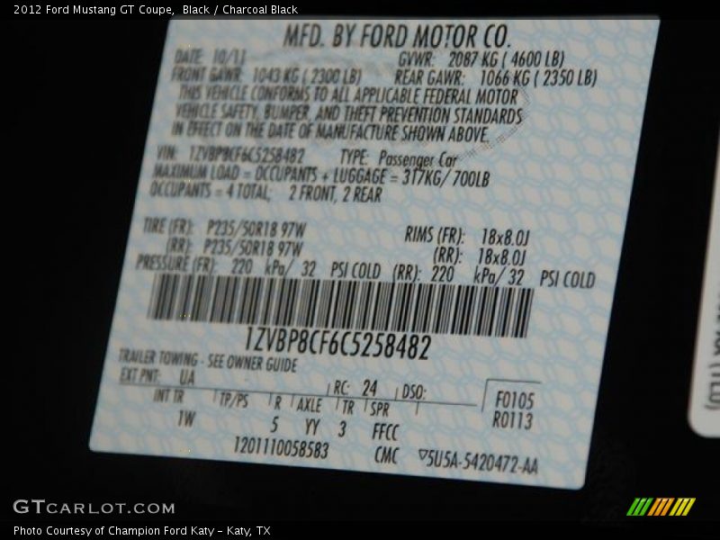 Black / Charcoal Black 2012 Ford Mustang GT Coupe