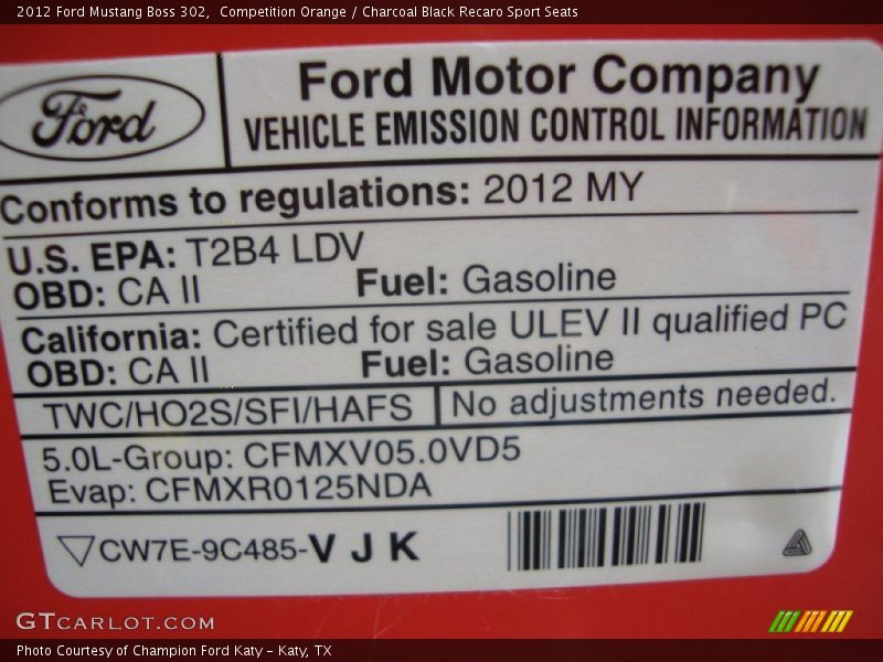 Emission controls information - 2012 Ford Mustang Boss 302
