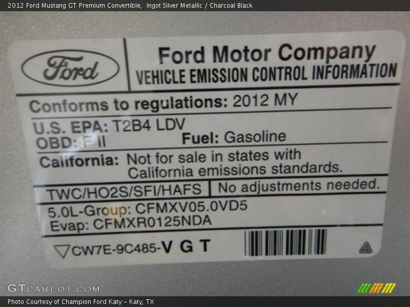 Ingot Silver Metallic / Charcoal Black 2012 Ford Mustang GT Premium Convertible