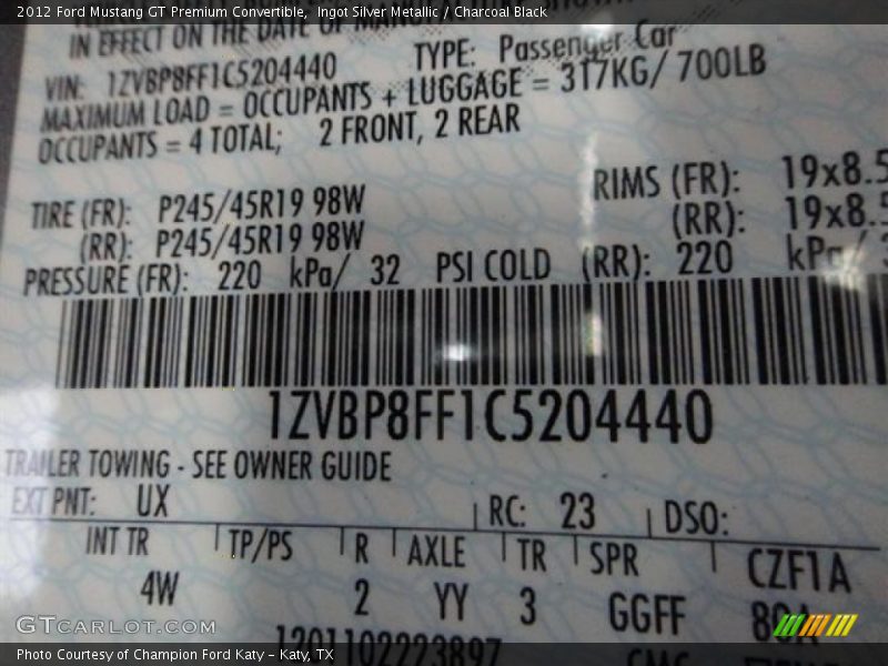 2012 Mustang GT Premium Convertible Ingot Silver Metallic Color Code UX
