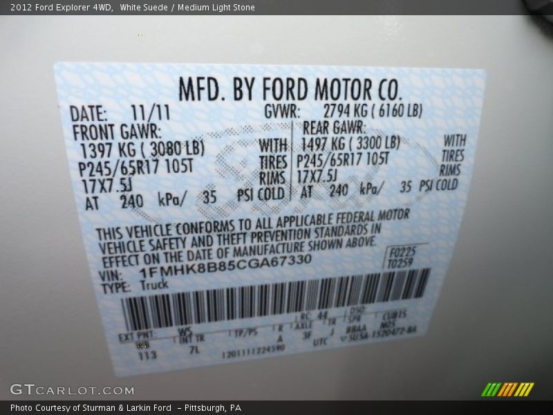2012 Explorer 4WD White Suede Color Code WS