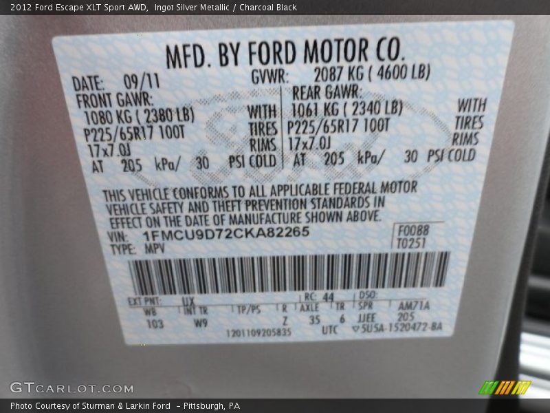 Ingot Silver Metallic / Charcoal Black 2012 Ford Escape XLT Sport AWD