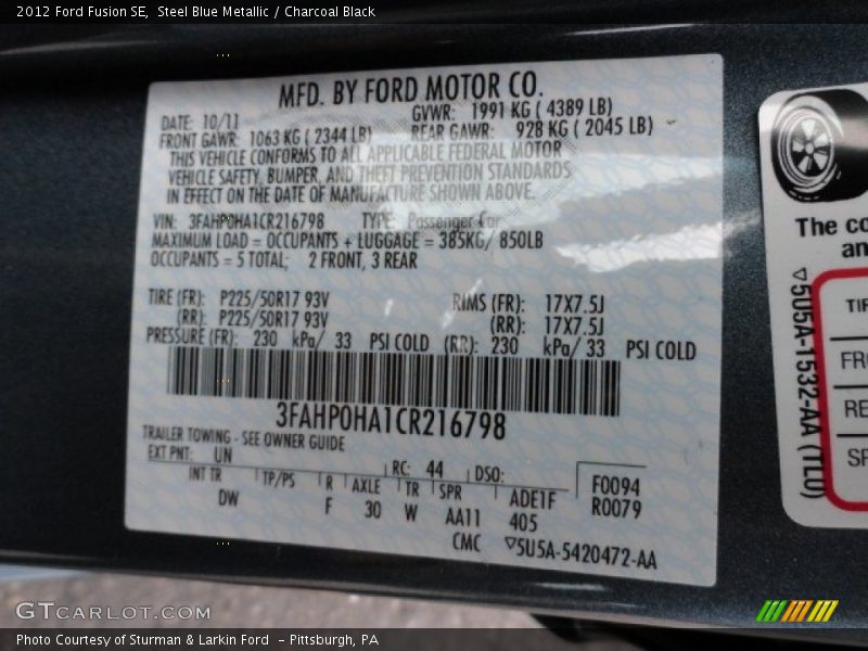 Steel Blue Metallic / Charcoal Black 2012 Ford Fusion SE