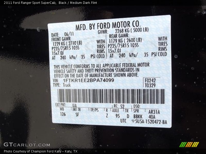 Black / Medium Dark Flint 2011 Ford Ranger Sport SuperCab