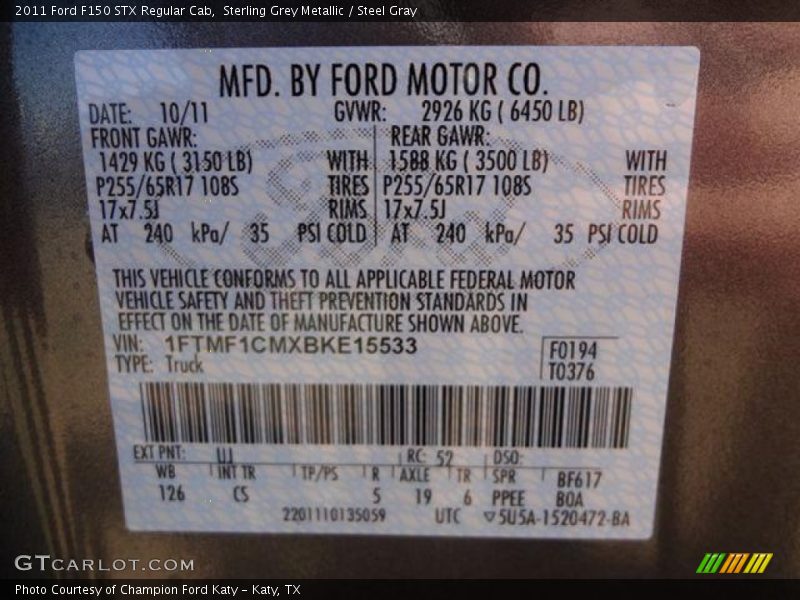 Sterling Grey Metallic / Steel Gray 2011 Ford F150 STX Regular Cab