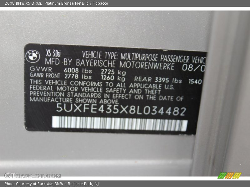 Platinum Bronze Metallic / Tobacco 2008 BMW X5 3.0si