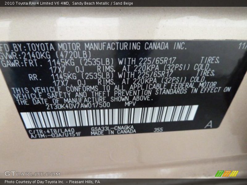 2010 RAV4 Limited V6 4WD Sandy Beach Metallic Color Code 4T8