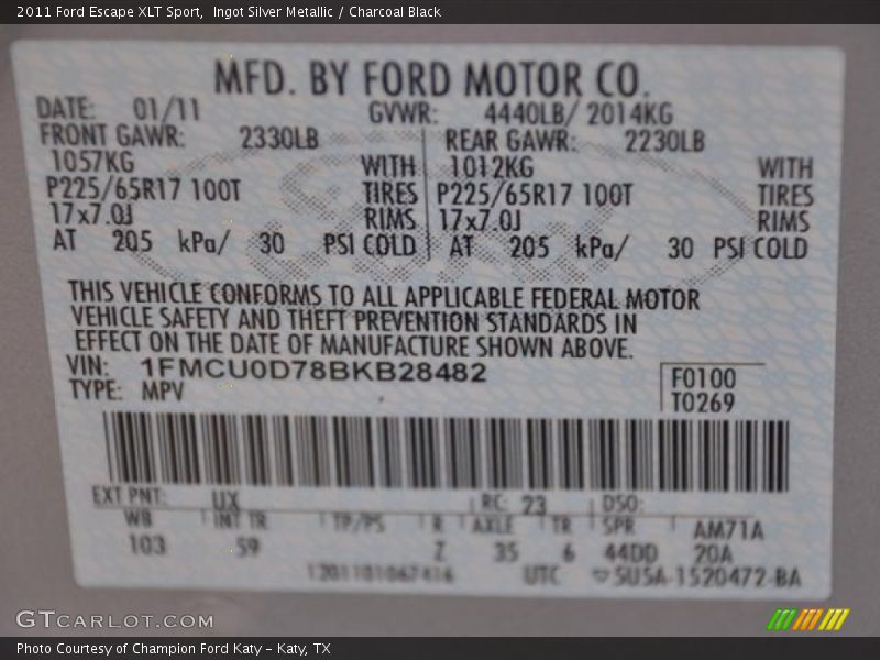 Ingot Silver Metallic / Charcoal Black 2011 Ford Escape XLT Sport