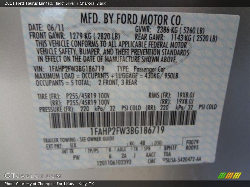 Ingot Silver / Charcoal Black 2011 Ford Taurus Limited