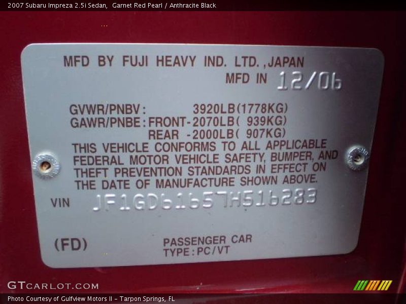 Garnet Red Pearl / Anthracite Black 2007 Subaru Impreza 2.5i Sedan