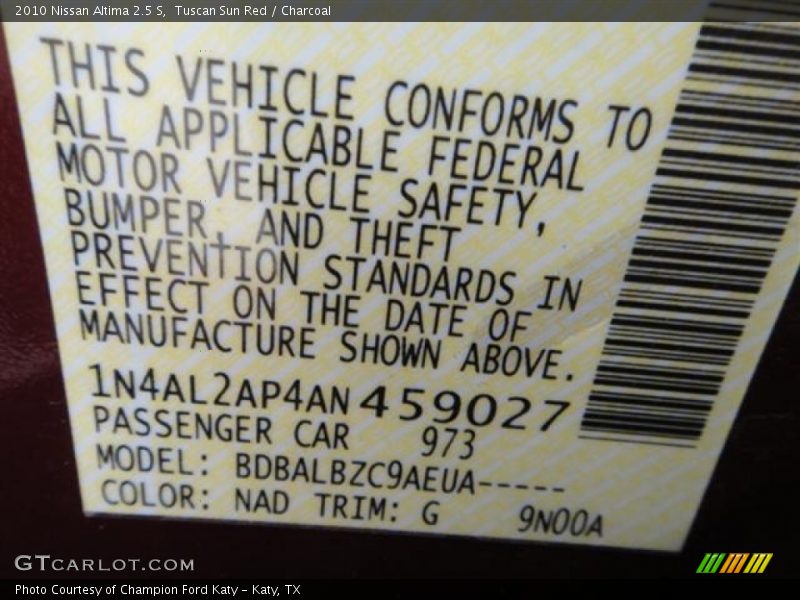 Tuscan Sun Red / Charcoal 2010 Nissan Altima 2.5 S