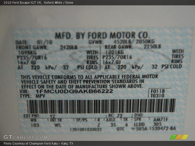 Oxford White / Stone 2010 Ford Escape XLT V6
