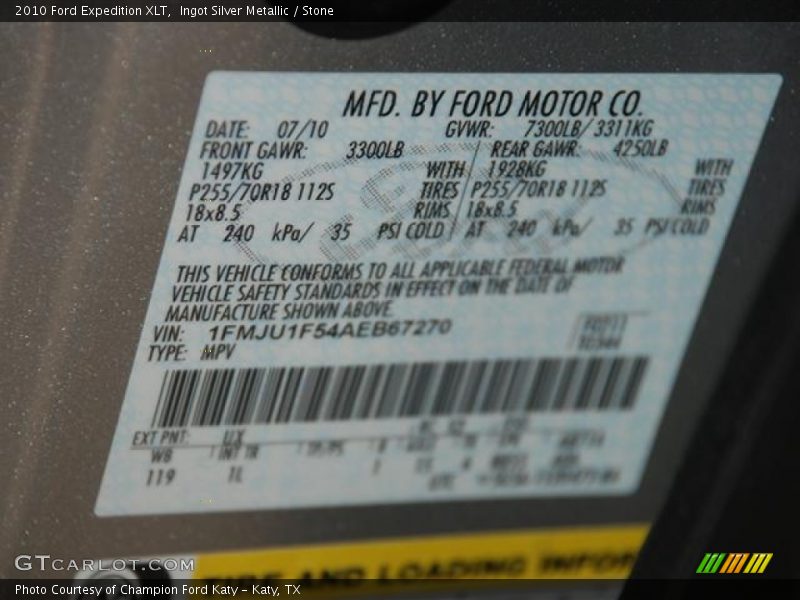 2010 Expedition XLT Ingot Silver Metallic Color Code UX