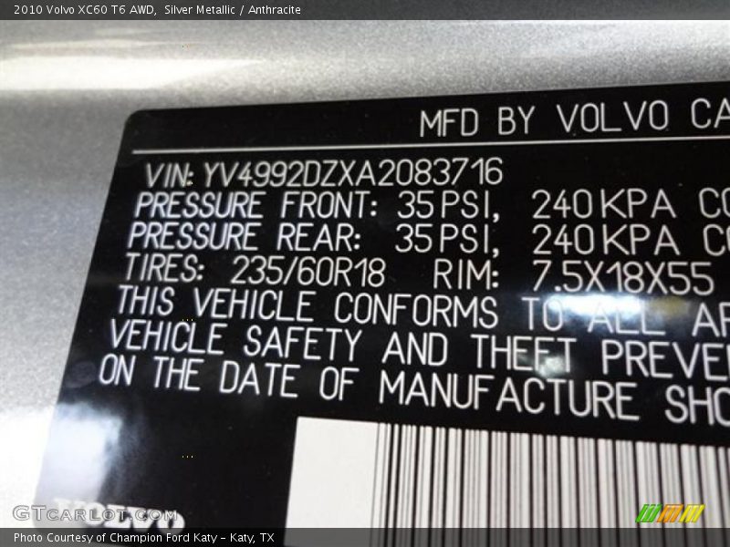 Silver Metallic / Anthracite 2010 Volvo XC60 T6 AWD