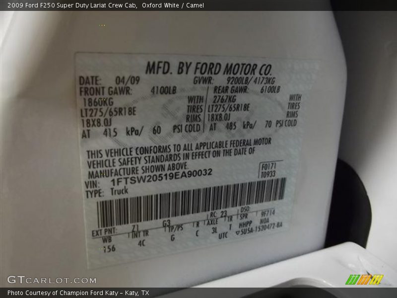 2009 F250 Super Duty Lariat Crew Cab Oxford White Color Code Z1