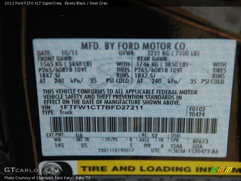 Ebony Black / Steel Gray 2011 Ford F150 XLT SuperCrew