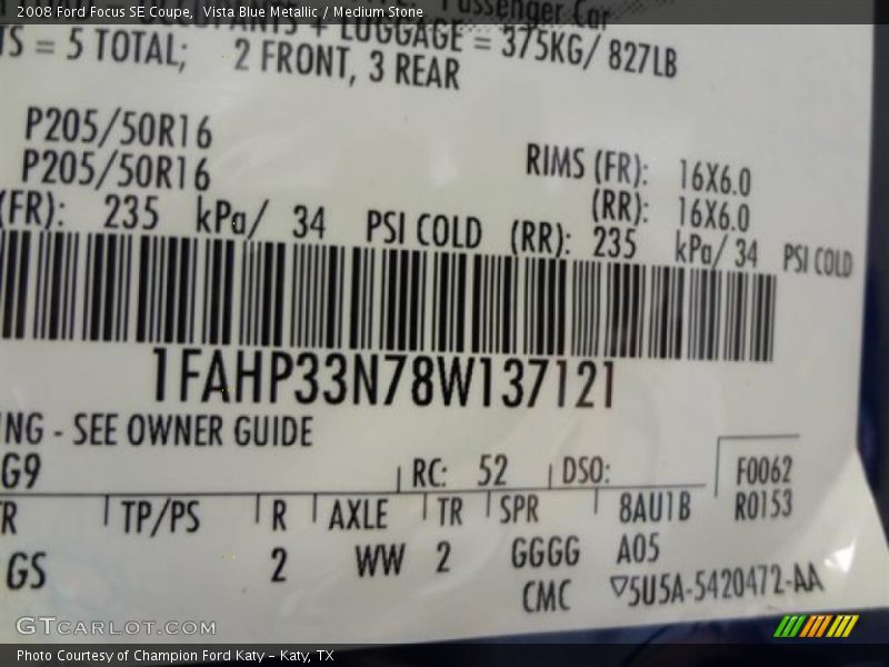 Vista Blue Metallic / Medium Stone 2008 Ford Focus SE Coupe