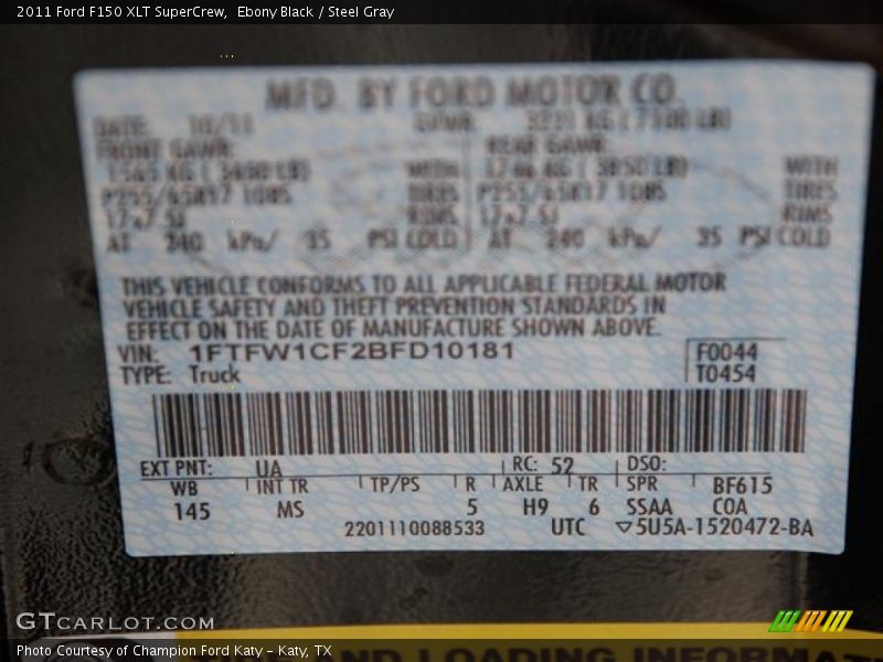 Ebony Black / Steel Gray 2011 Ford F150 XLT SuperCrew