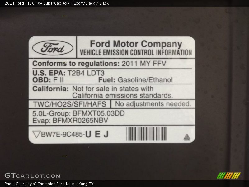 Info Tag of 2011 F150 FX4 SuperCab 4x4