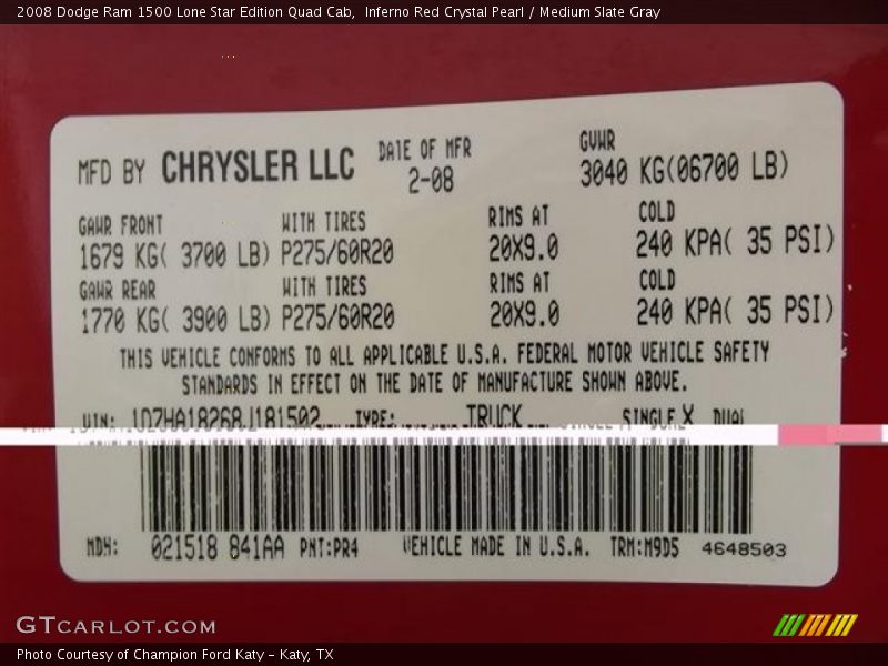 Inferno Red Crystal Pearl / Medium Slate Gray 2008 Dodge Ram 1500 Lone Star Edition Quad Cab