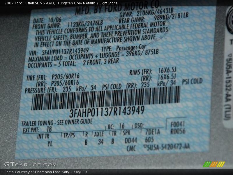 Tungsten Grey Metallic / Light Stone 2007 Ford Fusion SE V6 AWD