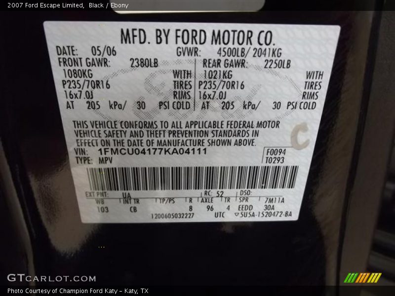 2007 Escape Limited Black Color Code UA