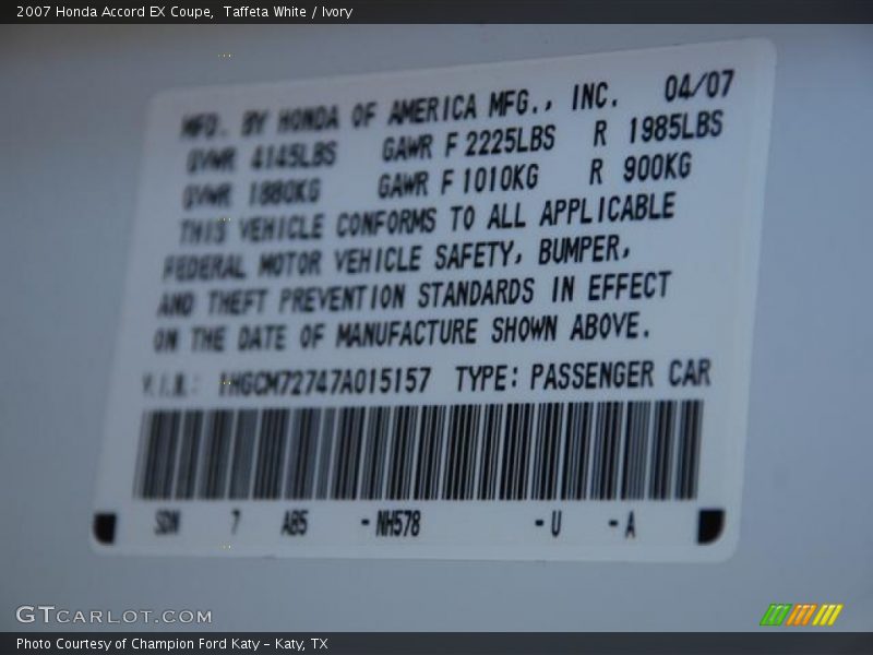 Taffeta White / Ivory 2007 Honda Accord EX Coupe