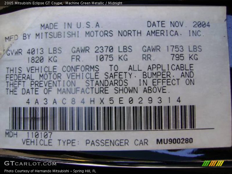Machine Green Metallic / Midnight 2005 Mitsubishi Eclipse GT Coupe