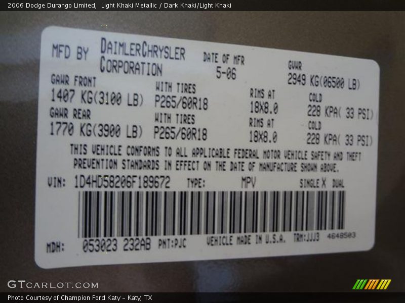 Light Khaki Metallic / Dark Khaki/Light Khaki 2006 Dodge Durango Limited