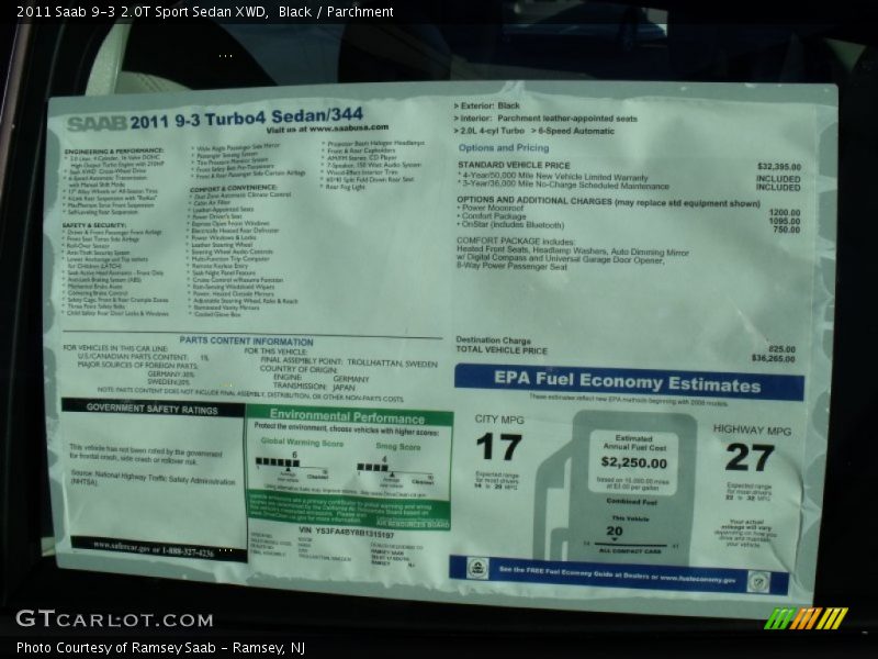  2011 9-3 2.0T Sport Sedan XWD Window Sticker