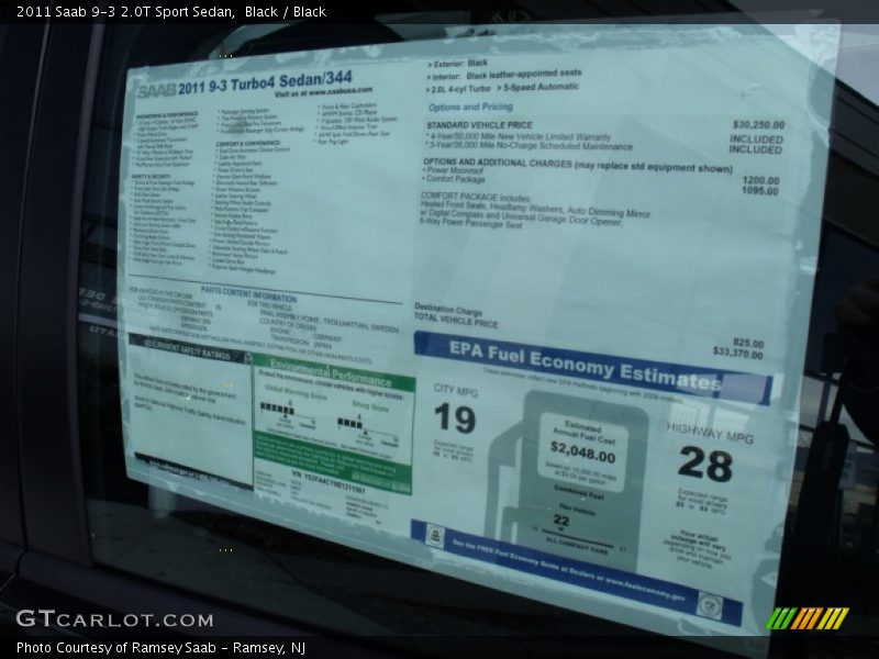  2011 9-3 2.0T Sport Sedan Window Sticker