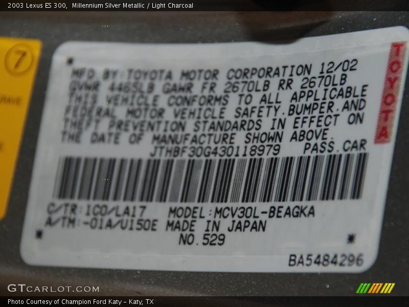 Millennium Silver Metallic / Light Charcoal 2003 Lexus ES 300