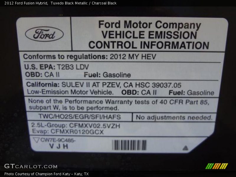 Tuxedo Black Metallic / Charcoal Black 2012 Ford Fusion Hybrid