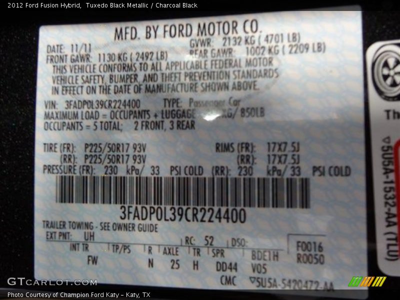 2012 Fusion Hybrid Tuxedo Black Metallic Color Code UH