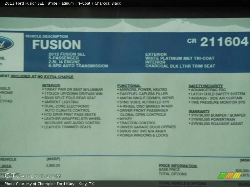 White Platinum Tri-Coat / Charcoal Black 2012 Ford Fusion SEL
